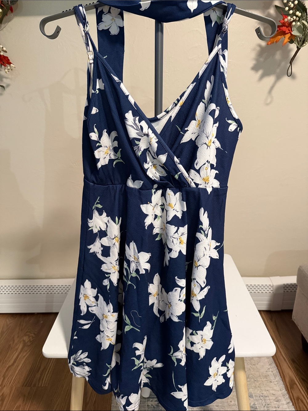 Navy Floral One-Piece Dress for women - White Lily Print